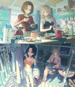 2girls ahoge bare_shoulders berry black_dress black_hair blonde_hair bottle bread breasts brown_eyes brown_hair brown_sweater cabinet cardigan ceiling cellphone chair champagne_flute closed_mouth clothes_hanger commentary cooking counter crop_top crossed_legs cup curtains cutoffs denim denim_shorts dress drinking_glass english_commentary food from_above fruit highres indoors kettle kitchen laundry laundry_basket magazine_(object) measuring_cup medium_breasts medium_hair midori_matsukaze midriff mixing mixing_bowl multiple_girls open_magazine orange_tank_top original pants parted_bangs phone pink_cardigan plant plate red_shirt refrigerator scissors shelf shirt short_hair shorts sink sitting slippers smartphone smile split_screen stove strawberry sweater sweater_tucked_in table tank_top teapot thermos towel translation_request undershirt unworn_clothes unworn_shirt whisk window wooden_chair wooden_floor wooden_table