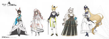 Rule 34 | 1boy, 4girls, absurdly long hair, ambience synesthesia, amiya (ambience synesthesia 2022) (arknights), amiya (arknights), animal ears, arknights, bare shoulders, black boots, black dress, black gloves, black hat, black jacket, black shoes, blue eyes, blue sash, bonnet, boots, brown hair, closed umbrella, commentary request, crown, dress, eyjafjalla (arknights), feet out of frame, globus cruciger, gloves, hat, high-low dress, highres, holding, holding globus cruciger, holding umbrella, infection monitor (arknights), jacket, leggings, leonhardt (ambience synesthesia 2022) (arknights), leonhardt (arknights), lineup, long hair, looking at viewer, mini hat, mini top hat, multiple girls, off-shoulder dress, off shoulder, official alternate costume, official art, pants, pramanix (ambience synesthesia 2022) (arknights), pramanix (arknights), puffy short sleeves, puffy sleeves, purple eyes, purple hat, rabbit boy, rabbit ears, rapier, reference sheet, rella, saileach (ambience synesthesia 2022) (arknights), saileach (arknights), sash, scabbard, sheath, sheathed, shoes, short sleeves, shoulder sash, simple background, smile, standing, sword, tailcoat, top hat, two-sided tailcoat, umbrella, very long hair, weapon, white background, white dress, white hair, white pants
