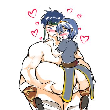Rule 34 | 2boys, anal, androgynous, ass, belt, blue eyes, blue hair, blush, boots, bottomless, fire emblem, hair ornament, headband, heart, held up, highres, hip focus, holding, huge ass, ike (fire emblem), male focus, male penetrated, marth (fire emblem), moaning, multiple boys, nintendo, open mouth, sex, short hair, simple background, sweat, thick thighs, thighs, trap, white background, wide hips, yaoi, yellow kirby