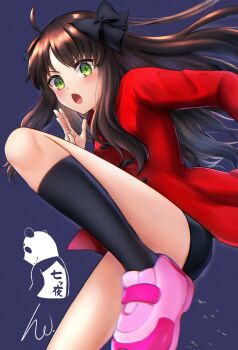 Rule 34 | 1girl, absurdres, ahoge, arima miyako, black hair, bow, chinese clothes, chinese commentary, commentary request, green eyes, hair bow, highres, long hair, long sleeves, looking at viewer, melty blood, open mouth, pink shoes, ribbon, shoes, shorts, signature, socks, solo, tsukihime, yatukachan