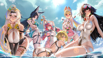 6+girls adapted_costume alice_thymefield alice_thymefield_(sea_of_thyme) alternate_costume animal_ears arm_rest arm_strap armpit_crease armpits arms_up artist_name ass astra_yao bare_shoulders bikini black_gloves black_hair blonde_hair blue_sky blush bracelet braid breasts cleavage closed_mouth cloud commentary cup day dress_swimsuit drinking_glass drinking_straw dutch_angle earrings elbow_gloves english_commentary evelyn_chevalier fingerless_gloves floating_hair from_behind from_below gloves green_bikini green_eyes hair_between_eyes hair_ornament heart heart-shaped_eyewear heterochromia highleg highleg_one-piece_swimsuit highres holding hoshimi_miyabi huge_breasts jewelry kamanosuke_(zenless_zone_zero) large_breasts leaning_forward lens_flare liang_xing long_hair looking_at_viewer looking_back looking_down low_twintails mole mole_on_chest multiple_girls official_alternate_costume one-piece_swimsuit open_mouth outdoors parted_lips partially_submerged patreon_username pool purple_eyes rabbit_ears rabbit_girl raccoon red_eyes red_hair sitting sky smile sphere_hair_ornament standing sunglasses sunlight swimsuit tailless_(zenless_zone_zero) teeth thigh_strap thighs twintails ukinami_yuzuha ukinami_yuzuha_(tanuki_in_broad_daylight) umbrella very_long_hair water weapon wet white_one-piece_swimsuit yellow_eyes yixuan_(zenless_zone_zero) zenless_zone_zero