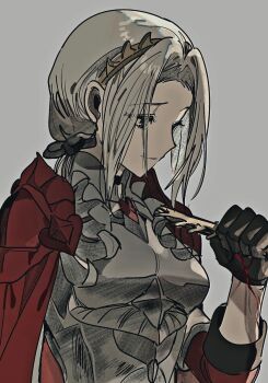1girl armor black_gloves bleeding blood blood_on_hands boobplate branch breastplate breasts cape closed_mouth commentary_request curtained_hair edelgard_von_hresvelg fire_emblem fire_emblem:_three_houses gloves grey_background grey_hair highres holding holding_branch korean_commentary long_hair long_sleeves looking_down low_ponytail medium_breasts nintendo ponytail red_cape sanya_(hwanmul) simple_background smile solo upper_body