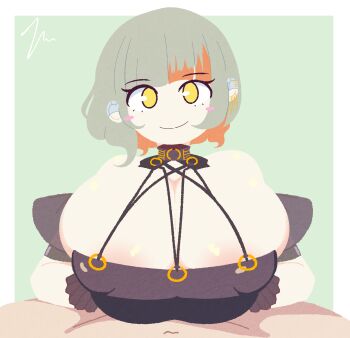 1boy 1girl areola_slip black_dress black_gloves border breasts breasts_squeezed_together chis-a cleavage closed_mouth dress gloves green_background green_hair hetero highres huge_breasts looking_at_viewer multicolored_hair navel orange_hair paizuri paizuri_under_clothes pochipon pov puffy_short_sleeves puffy_sleeves short_sleeves signature skindentation smile two-tone_hair voisona white_border yellow_eyes