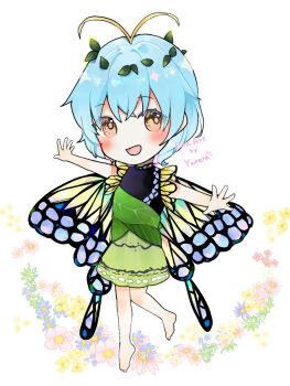1girl antennae artist_name barefoot black_dress blue_flower blue_hair blush butterfly_wings chibi chibi_only commentary dress english_text eternity_larva fairy fairy_wings flower flower_request full_body green_dress highres insect_wings leaf leaf_on_head looking_at_viewer minatsuki_yurara multicolored_dress open_mouth outstretched_arms pink_flower short_hair smile solo spread_arms toes touhou wings yellow_flower
