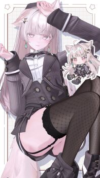 1girl 3d absurdres ahoge animal_ears backpack bag black_boots black_garter_straps black_hat black_jacket black_skirt black_thighhighs boots bow bowtie breasts chibi closed_mouth earrings extra_ears fox_ears fox_girl fox_tail garter_straps hair_ornament hairclip hands_up hat highres jacket jewelry long_hair looking_at_viewer medium_breasts miniskirt momoko_(momopoco) open_clothes open_jacket original pink_eyes shirt simple_background skirt tail thighhighs white_shirt