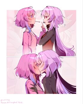 ...? 2girls anger_vein black_gloves black_shirt blue_eyes blue_streaks blush closed_eyes dual_persona evernight_(honkai:_star_rail) food gloves gradient_hair highres honkai:_star_rail honkai_(series) kiss long_hair march_7th_(honkai:_star_rail) multicolored_hair multiple_girls pink_hair pink_shirt pocky pocky_day pocky_kiss red_eyes selfcest shared_food shirt wonneqo yuri