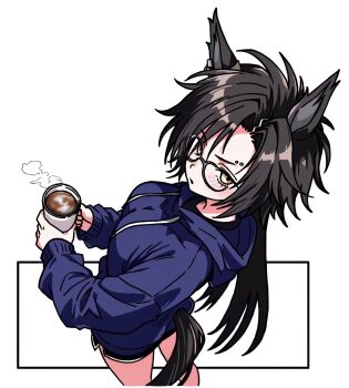 1girl air_shakur_(umamusume) animal_ears black_hair black_shirt black_shorts blue_hoodie blush breasts chime! coffee cup eyebrow_piercing face_piercing glasses highres holding holding_cup hood hood_down hoodie horse_ears horse_girl horse_tail long_hair long_sleeves looking_at_viewer medium_breasts piercing shirt shorts simple_background solo tail umamusume white_background yellow_eyes
