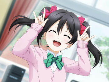 1girl \m/ ^_^ anime_coloring arms_up asymmetrical_hair black_hair blurry blurry_background blush bow bowtie breasts brick brick_wall cardigan closed_eyes clubroom collared_shirt computer computer_tower curtains day depth_of_field diagonal-striped_bow diagonal-striped_bowtie diagonal-striped_clothes double_\m/ dress_shirt dutch_angle facing_viewer green_bow green_bowtie hair_between_eyes hair_bow happy highres indoors long_sleeves love_live! love_live!_school_idol_festival_all_stars love_live!_school_idol_project medium_hair nico_nico_nii official_art open_mouth otonokizaka_school_uniform pink_cardigan red_bow school_uniform shirt small_breasts smile solo striped_bow striped_bowtie striped_clothes summer_uniform teeth tree twintails upper_body upper_teeth_only white_shirt window yazawa_nico