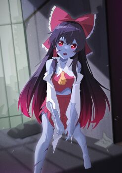 1girl ascot barefoot blue_skin bow brown_hair chinese_commentary colored_skin commentary_request detached_sleeves frilled_bow frilled_hair_tubes frills gradient_hair hair_bow hair_tubes hakurei_reimu highres long_hair looking_at_viewer monsterification multicolored_hair open_mouth pleated_skirt red_bow red_eyes red_hair red_skirt sdftehn sharp_teeth skirt skirt_set solo teeth toes torn_clothes torn_skirt torn_sleeves touhou very_long_hair yellow_ascot zombie