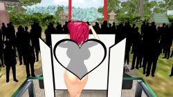 1girl 3d animated areola_slip ass audible_music blurry blush bouncing_breasts breasts camera censored censored_nipples convenient_censoring covering_breasts covering_privates crowd dancing hair_bobbles hair_ornament high_heels huge_breasts matching_hair/eyes mikumikudance_(medium) navel nude onozuka_komachi out-of-frame_censoring outdoors ponkanman red_eyes red_hair reflection short_hair silhouette solo_focus sound standing touhou twintails video