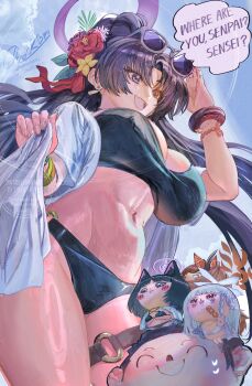 1boy 4girls absurdres animal_ear_fluff animal_ears bikini black_bikini black_hair blue_archive blue_shawl blush bracelet breasts cat_ears cleavage closed_mouth commentary commentary_request crying doodle_sensei_(blue_archive) earrings english_commentary eyewear_on_head fang fingernails flower groin hair_flower hair_ornament halo hand_up highres horns jewelry karmamissile731 kikyou_(blue_archive) kikyou_(swimsuit)_(blue_archive) large_breasts long_hair looking_at_another mixed-language_commentary multiple_girls nagusa_(blue_archive) nagusa_(swimsuit)_(blue_archive) navel o-ring o-ring_bikini o-ring_bottom o-ring_thigh_strap open_mouth parted_bangs ponytail purple_eyes purple_halo red_hair red_halo renge_(blue_archive) renge_(swimsuit)_(blue_archive) sensei_(blue_archive) shawl single_horn sitting sitting_on_person skin_fang smile snowflake_hair_ornament swimsuit thigh_strap thighs very_long_hair white_bikini white_hair white_halo white_shawl yukari_(blue_archive) yukari_(swimsuit)_(blue_archive)