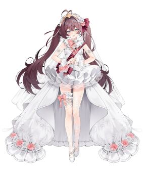 Rule 34 | 1girl, absurdres, ahoge, blue eyes, bow, breasts, brown hair, commentary, double-parted bangs, dress, flower, frilled dress, frills, full body, hair between eyes, hair flower, hair intakes, hair ornament, hairband, highres, legs, long hair, long legs, looking at viewer, open mouth, original, own hands together, pink bow, pink flower, shoes, simple background, sleeveless, sleeveless dress, small breasts, smile, solo, straight-on, symbol-only commentary, thigh strap, tuffi-chan, twintails, white background, white dress, white flower, white hairband, white shoes