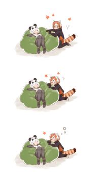 2girls :t puff_of_air animal_ears bean_bag_chair black_hair blush comic drowsy elbow_gloves fur_collar giant_panda_(kemono_friends) gloves highres kemono_friends kemono_friends_2 kneeling lesser_panda_(kemono_friends) long_sleeves moeki_(moeki0329) multicolored_hair multiple_girls neckerchief orange_hair panda_ears panda_tail pantyhose pleated_skirt sailor_collar short_hair short_sleeves shorts skirt sleeping sleepy sweater white_hair