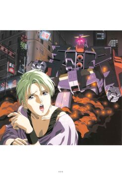 1980s_fashion 1990s_(style) 1girl absurdres aqua_hair building burning damaged fire four_murasame glowing glowing_eyes gundam highres hong_kong kitazume_hiroyuki machinery magazine_scan mecha mobile_suit night official_art promotional_art psycho_gundam red_eyes retro_artstyle robot ruins scan scared scene_reference science_fiction screaming smoke titans_(gundam) traditional_media v-fin wristband zeta_gundam