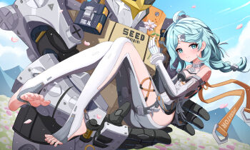 Rule 34 | 1girl, 1other, absurdres, ahoge, aichinaigai, aqua eyes, aqua hair, barefoot, blush, braid, breasts, carrying, cleavage, closed mouth, collarbone, commentary request, falling petals, feet, flower, flower hairpin, formal clothes, gloves, highres, holding, holding flower, latex pants, long hair, long legs, looking at another, medium breasts, petals, pink flower, princess carry, seed (zenless zone zero), seed sr., segway, side braid, smile, soles, stirrup legwear, suit, toeless legwear, toeless socks, toes, white suit, zenless zone zero