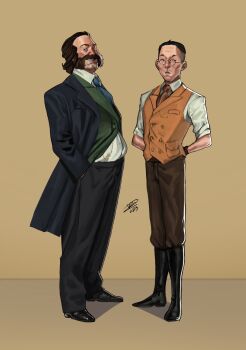 2boys alternate_costume arms_behind_back black_coat black_hair blue_necktie brown_gloves brown_hair buzz_cut coat collared_shirt commentary disco_elysium english_commentary facial_hair formal_clothes full_body glasses gloves green_vest hair_slicked_back hands_in_pockets harry_du_bois highres kim_kitsuragi looking_to_the_side male_focus multiple_boys mutton_chops necktie nurve26 open_clothes open_coat orange_necktie orange_vest shirt short_hair sleeves_rolled_up standing very_short_hair vest white_shirt