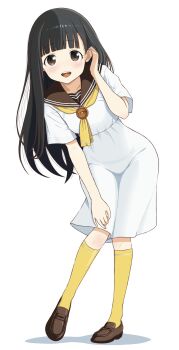 1girl adjusting_hair black_hair blunt_bangs blush brown_eyes brown_sailor_collar brown_serafuku commentary dress full_body hand_on_own_knee hand_up highres leaning_forward loafers long_hair looking_at_viewer make_heroine_ga_oo_sugiru! momozono_junior_high_school_uniform neckerchief nukumizu_kaju open_mouth rora_(user_vgpk4444) sailor_collar sailor_dress school_uniform serafuku shoes short_sleeves simple_background socks solo standing straight_hair summer_uniform teeth upper_teeth_only white_background white_dress yellow_neckerchief yellow_socks