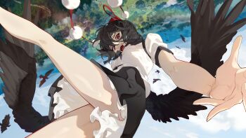 1girl absurdres bird bird_wings black_bow black_bowtie black_hair black_wings blue_sky bow bowtie breasts cloud commentary_request day feathered_wings flying frilled_skirt frills hat highres looking_at_viewer medium_breasts medium_hair open_mouth outdoors pom_pom_(clothes) red_eyes red_hat shameimaru_aya shimiya_jin skirt sky smile solo teeth tokin_hat touhou upper_teeth_only wings