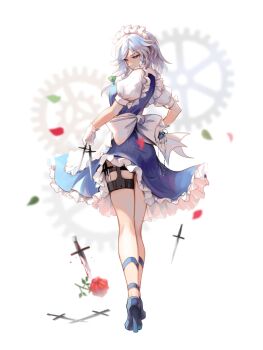 1girl absurdres apron between_fingers blue_eyes bow braid breasts commentary dress edz_drawz falling_petals flower frills gears green_bow grey_hair high_heels highres holding holding_knife izayoi_sakuya knife knives_between_fingers maid maid_apron maid_headdress petals pocket_watch red_flower red_rose rose short_hair simple_background solo touhou transparent_background twin_braids waist_apron watch