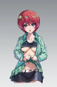 1girl amate_yuzuriha aqua_eyes aqua_shirt aqua_skirt black_shorts black_sports_bra breasts clothes_lift commentary_request gradient_background grey_background gundam gundam_gquuuuuux highres huo_ji_wu large_breasts lifting_own_clothes long_sleeves looking_at_viewer navel no_cardigan open_clothes open_mouth open_shirt pleated_skirt red_hair school_uniform shirt short_hair shorts skirt skirt_lift solo sports_bra sports_bra_lift teeth underboob upper_teeth_only