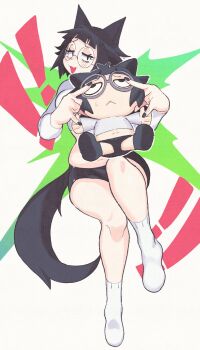 Rule 34 | !, !!, 1girl, :3, \m/, animal ears, belly, black eyes, black hair, black nails, black shorts, borrowed character, character doll, commentary, crop top, cropped shirt, doll, english commentary, fingernails, full body, furrowed brow, gift art, glasses, half-closed eyes, highres, holding, holding doll, inkerton-kun, long sleeves, looking at viewer, midriff, nail polish, navel, no shoes, open mouth, original, round eyewear, sanpaku, second-party source, shirt, short hair, short shorts, shorts, simple background, smile, socks, solo, stuffed toy, wagyu (dustbinrat), white shirt, white socks