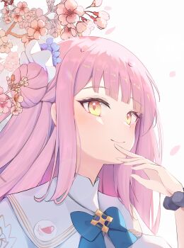1girl absurdres blue_archive blue_bow bow capelet cherry_blossoms closed_mouth dress falling_petals flower gold_trim hair_bun hair_flower hair_ornament highres light_blush long_hair melonkatsu mika_(blue_archive) petals pink_hair pink_petals scrunchie single_hair_bun single_side_bun smile solo upper_body very_long_hair white_capelet white_dress wrist_scrunchie yellow_eyes