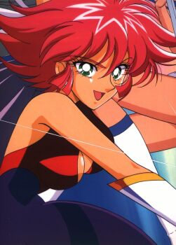 Rule 34 | bodysuit, breasts, cutie honey, cutie honey (character), cutie honey flash, green eyes, highres, impossible clothes, medium breasts, nagai gou, official art, open mouth, red hair, shiny skin, short hair, sideboob, tan, toei company, tomboy