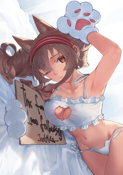 1girl absurdres angelina_(arknights) animal_ears animal_hands arknights arm_up armpits bed_sheet breasts brown_hair cat_cutout cat_ear_panties cat_lingerie cleavage cleavage_cutout clothing_cutout collarbone commentary dutch_angle english_commentary english_text fox_ears gloves hairband highres long_hair looking_at_viewer medium_breasts milestone_celebration mkrk_mikaerukung navel on_bed one_eye_closed panties paw_gloves red_eyes red_hairband ribbon side-tie_panties sidelocks signature solo twintails underwear underwear_only white_ribbon