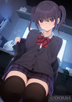 1girl artist_name bag black_cardigan black_jacket black_thighhighs blush bow bowtie brown_hair buttons cardigan closed_mouth collarbone collared_shirt commentary_request dot_nose gingham_scarf green_scarf hair_between_eyes hair_ornament hairclip indoors internet_cafe jacket light_particles long_sleeves looking_at_viewer miniskirt monitor nekokobushi original parallel_hairclips phone plaid_clothes plaid_skirt plastic_bag poster_(object) purple_eyes purple_skirt red_bow red_bowtie removing_jacket scarf school_uniform seiza shirt short_hair sitting skirt solo sweatdrop thighhighs twintails twitter_username undressing unworn_scarf white_shirt zettai_ryouiki