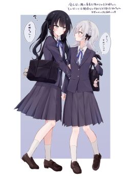 2girls arm_hug bag black_bag black_hair black_shoes blazer blue_jacket blue_ribbon blue_skirt closed_mouth collared_shirt full_body grey_eyes grey_hair hashtag-only_commentary jacket kurobe_nanoka kurobe_nanoka's_sister loafers long_hair long_sleeves looking_at_another mahou_shoujo_no_majo_saiban multiple_girls neck_ribbon official_alternate_costume pleated_skirt profile ribbon school_bag school_uniform shirt shoes short_hair siblings sisters skirt socks speech_bubble spoilers standing taimu_(htrgt_31) thought_bubble translation_request twintails white_shirt white_socks