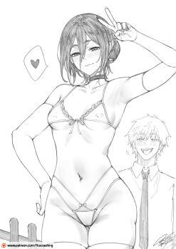 1boy 1girl absurdres artist_name breasts cameltoe chainsaw_man choker commentary commentary_request covered_erect_nipples cowboy_shot denji_(chainsaw_man) english_commentary fkscrashing graphite_(medium) greyscale hair_between_eyes hand_on_own_hip hand_up heart highres lingerie monochrome navel necktie patreon_logo patreon_username reze_(chainsaw_man) signature small_breasts smile solo_focus spoken_heart standing stomach thighhighs traditional_media underwear v