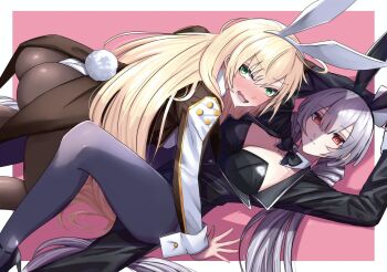 Rule 34 | 2girls, animal ear hairband, animal ears, black leotard, blonde hair, blush, bow, bowtie, breasts, duel monster, fake animal ears, green eyes, grey hair, hairband, high heels, large breasts, leotard, long hair, long sleeves, multiple girls, open mouth, pantyhose, playboy bunny, rabbit ear hairband, rabbit ears, red eyes, shiina aono, sky striker ace - raye, sky striker ace - roze, smile, strapless, strapless leotard, twintails, wrist cuffs, yu-gi-oh!