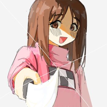 Rule 34 | 1girl, :d, aiming, aiming at viewer, azumanga daiou, blush, brown eyes, brown hair, commentary, cosplay, english commentary, glint, highres, holding, holding knife, kasuga ayumu, kitchen knife, knife, kyuunn, long hair, long sleeves, madotsuki, madotsuki (cosplay), no nose, open mouth, print sweater, smile, solo, sweater, turtleneck, turtleneck sweater, upper body, white background, yume nikki