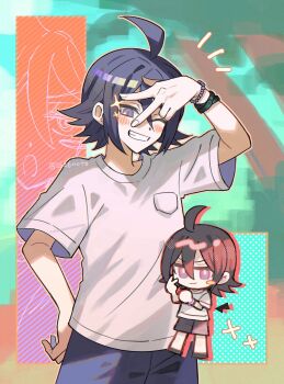 1616note 1boy ahoge arm_up bracelet chibi chibi_inset commentary_request grin hand_on_own_hip highres jewelry king_of_prism looking_at_viewer male_focus open_mouth pretty_rhythm pretty_series purple_eyes purple_hair shirt short_hair short_sleeves smile sparkle standing suzuno_yuu t-shirt v v_over_eye w white_shirt