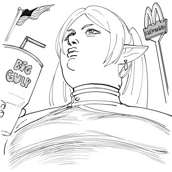 1girl absurdres american_flag bb_(baalbuddy) big_gulp cup earrings elf frieren from_below high_collar highres holding holding_cup jewelry long_hair mcdonald&#039;s meme monochrome pointy_ears solo sousou_no_frieren upward_angle_frieren_drawing_(meme)
