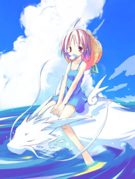 1girl ahoge archived_source asami_natsuhito bad_link bare_arms bare_shoulders blue_dress blue_sky blue_theme blush_stickers breasts brown_eyes brown_hair closed_eyes cloud collarbone creature cumulonimbus_cloud day dress food food_in_mouth gari_gari-kun green_ribbon hat hat_on_back hat_ribbon long_legs looking_at_viewer lowres ocean original outdoors popsicle popsicle_in_mouth ribbon riding short_dress short_hair sky small_breasts spiked_hair straw_hat sun_hat sundress unworn_hat unworn_headwear white_wings wings yellow_hat