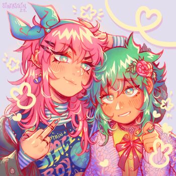1boy 1girl 2023 :d alternate_eye_color alternate_hair_color alternate_skin_color antenna_hair arm_up artist_name aubrey_(faraway)_(omori) aubrey_(omori) basil_(faraway)_(omori) basil_(omori) black_jacket blue_eyes blue_hairband blue_nails blue_sweater blue_tank_top blush bow bow_hairband bowtie bright_pupils buttons cardigan choker closed_mouth clothes_writing collared_shirt commentary cowlick dark-skinned_male dark_skin darkened_skin double-parted_bangs earrings english_commentary english_text eyes_visible_through_hair film_grain flipped_hair flower flower_choker gold_ring green_hair grin hair_between_eyes hair_flower hair_ornament hair_over_shoulder hairband hairclip halftone halftone_background hand_in_own_hair hand_on_own_head hand_up heads_together heart highres jacket jacket_partially_removed jewelry layered_sleeves leaf lips long_hair long_sleeves looking_at_viewer middle_finger nail_polish nostrils omori open_cardigan open_clothes open_collar open_jacket open_mouth pink_flower pink_hair pink_rose puffy_long_sleeves puffy_sleeves purple_background purple_cardigan raised_inner_eyebrows red_bow red_bowtie ring rose shirt short_hair sidelocks simple_background sintastein sleeves_past_wrists smile smirk sparkle_print spiked_ear_piercing star_(symbol) sweater tan tank_top thick_eyebrows thick_eyelashes torn_clothes torn_tank_top turtleneck turtleneck_sweater two-tone_sweater upper_body v-shaped_eyebrows white_choker white_pupils white_sweater yellow_shirt