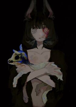 1girl animal animal_ears baby_animal bat_ears black_background black_hair bruise collarbone colored_sclera dark end80236189 fangs female_focus grey_eyes highres holding holding_animal injury lamb looking_at_viewer mismatched_sclera original red_sclera sheep skull solo veins wide-eyed