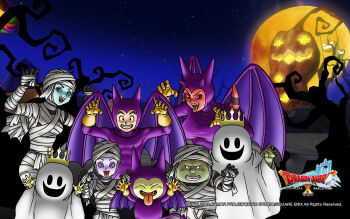 Rule 34 | 2others, 3boys, 3girls, artist request, bat wings, blue skin, bodysuit, claw pose, colored skin, copyright logo, copyright name, cosplay, covered abs, crown, demon tail, dragon quest, dragon quest x, dwarf (dq10), elf (dq10), fake horns, fake tail, fake wings, fangs, full moon, ghost costume, gloves, green skin, grin, halloween, hero (dq10), heroine (dq10), highres, horns, imp (dragon quest), imp (dragon quest) (cosplay), jack-o'-lantern, logo, looking at viewer, moon, multiple boys, multiple girls, multiple others, mummy costume, night, official art, official wallpaper, ogre (dq10), puklipo, purple bodysuit, purple eyes, purple horns, red eyes, red skin, sheet ghost, shoulder spikes, sky, smile, spikes, tail, third-party source, toned, toned male, tongue, tongue out, weddie (dq10), wings, yellow gloves, yellow skin