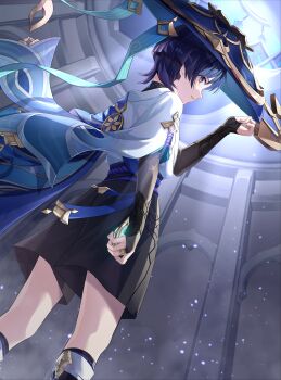 1boy absurdres anemonaris black_bridal_gauntlets black_hair black_shorts bridal_gauntlets commentary_request feet_out_of_frame from_behind from_below genshin_impact hand_up hat highres indoors japanese_clothes jingasa looking_at_viewer male_focus middle_ring parted_lips purple_eyes scaramouche_(genshin_impact) short_hair shorts solo vision_(genshin_impact) wanderer_(genshin_impact)