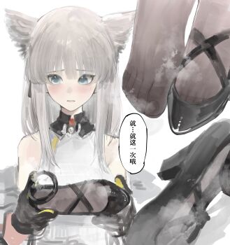 1girl absurdres animal_ears arknights arknights:_endfield blue_eyes blush feet grey_hair highres holding holding_shoes holding_unworn_clothes long_hair looking_to_the_side parted_lips perlica_(arknights) see-through_clothes see-through_legwear shoes steam tiansuo_haoer toes translated unworn_shoes