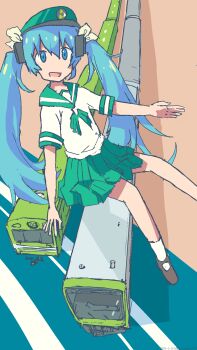 aqua_eyes aqua_hair hatsune_miku headphones highres jr_103_series jr_east_e235_series mikanixonable multiple_unit_train school_uniform self-upload serafuku train vocaloid