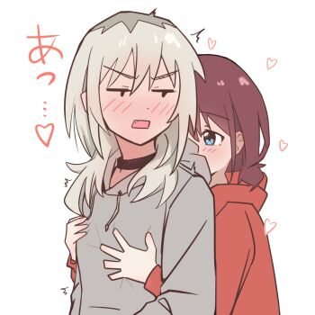 2girls 401gone black_choker blue_eyes blush choker commentary english_commentary fang girls_band_cry grabbing_another's_breast grabbing_from_behind grey_hair grey_hoodie groping heart highres hood hoodie iseri_nina kawaragi_momoka long_hair multicolored_hair multiple_girls red_hair red_hoodie roots_(hair) short_twintails simple_background twintails white_background yuri