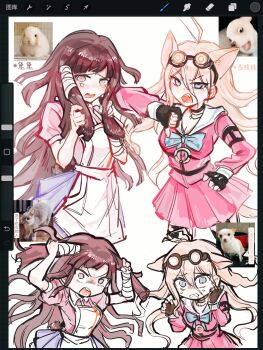 2girls angry animal_ears antenna_hair apron art_program_in_frame bandaged_ear black_choker black_gloves blonde_hair blue_eyes blue_skirt blush breasts chinese_commentary choker cleavage collared_shirt commentary_request crying crying_with_eyes_open danganronpa_(series) danganronpa_2:_goodbye_despair danganronpa_v3:_killing_harmony dog dog_ears dog_girl eyelashes fang fingerless_gloves gloves goggles goggles_on_head hair_between_eyes hand_on_own_ear hand_on_own_hip highres holding_own_ears iruma_miu kemonomimi_mode long_hair long_sleeves mole mole_under_eye multiple_girls multiple_views nose_blush open_mouth photo_inset pink_serafuku pink_shirt pink_skirt pulling_own_ear purple_eyes purple_hair rabbit rabbit_ears rabbit_girl sailor_collar saliva scared school_uniform serafuku shirt short_sleeves simple_background skirt skirt_set tears teeth thumbs_down translation_request tsumiki_mikan upper_teeth_only v-shaped_eyebrows white_apron white_background white_sailor_collar zongzhijun48889