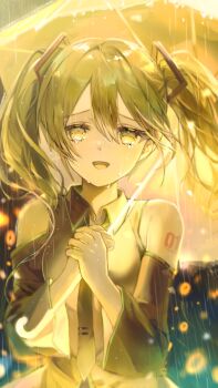 1girl :d bare_shoulders breasts collared_shirt commentary crying crying_with_eyes_open decide_(vocaloid) detached_sleeves dot_nose english_commentary grey_shirt hair_between_eyes hair_ornament hands_up hatsune_miku highres holding holding_umbrella looking_at_viewer necktie open_mouth own_hands_together rain sad_smile shirt shoulder_tattoo sidelocks sleeveless sleeveless_shirt small_breasts smile solo straight-on tattoo tears three-quarter_sleeves twintails umbrella upper_body vocaloid wide_sleeves yellow_eyes yellow_theme yur1ca