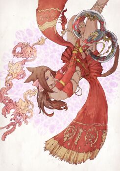 1girl animal_ears bandeau belly_chain breasts bridal_gauntlets brown_hair brown_tail cat_ears cat_girl cat_tail chakram closed_mouth copyright_name dancer dancer_(final_fantasy) dark-skinned_female dark_skin final_fantasy final_fantasy_xiv hair_ribbon holding holding_weapon jewelry light_smile long_hair medium_breasts miqo'te pink_ribbon purple_eyes ranaa_mihgo red_bandeau red_bridal_gauntlets ribbon ruka_(blueplus84) solo tail twitter_username weapon