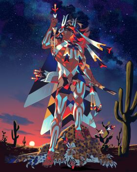 arrow_(projectile) bodypaint cactus commentary_request dark-skinned_male dark_skin dead_animal desert edarow full_body holding holding_arrow jaguar long_hair looking_at_viewer native_american night original outdoors quiver red_eyes red_hair solo stab star_(sky) stepped_on sunset