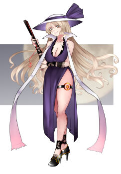 1girl adapted_costume aoshima bare_shoulders belt blonde_hair bow breasts dress hand_fan hat high_heels highres holding large_breasts long_hair low_neckline purple_dress ribbon smile solo thigh_strap touhou very_long_hair watatsuki_no_toyohime white_hat yellow_eyes