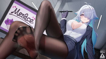 1girl absurdres blue_hair crossed_legs feet hair_over_one_eye highres long_hair looking_at_viewer multicolored_hair office_lady pantyhose pen pink_eyes pokokaki soles steam toes two-tone_hair white_hair