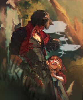 absurdres animal_ears arknights arknights:_endfield black_gloves blonde_hair blood blood_on_face brother_and_sister closed_mouth fangs gloves hashtag-only_commentary highres open_mouth rossi_(arknights) siblings tail w1tt3mf wolf_boy wolf_ears wolf_girl wolf_tail wulfgard_(arknights) yellow_eyes